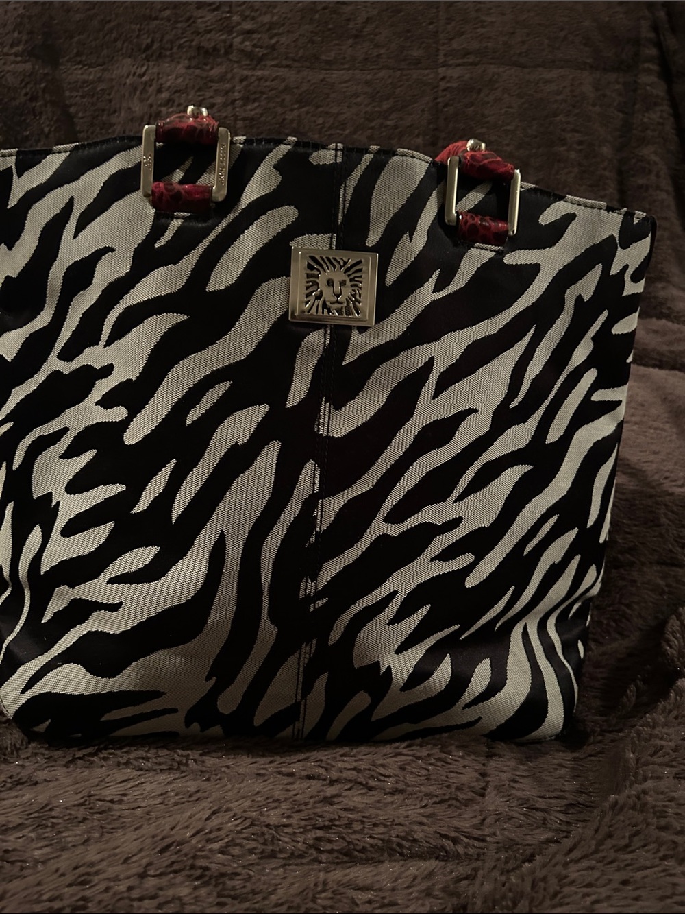Anne Klein Black and White Zebra Tote with Red Strap Accents